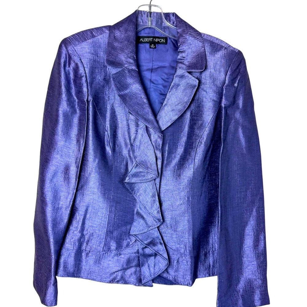 Albert Nipon Shimmery Purple Ruffle Front Blazer